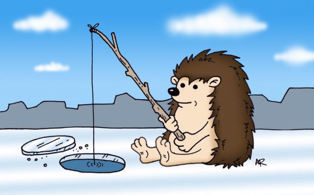 Hedgehog Ice Fishing Cartoon Drawing