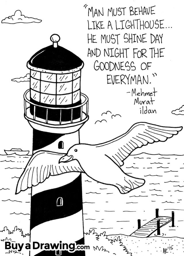 Flying Seagull with Lighthouse on Beach Cartoon Drawing