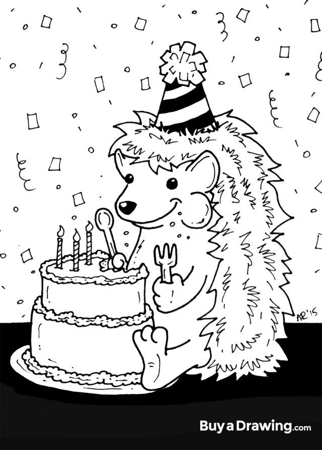 Drawing of a Hedgehog Eating Birthday Cake