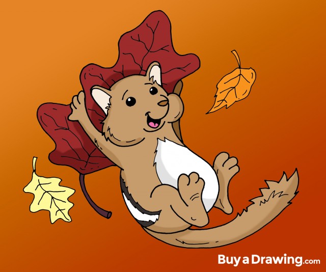 Cute Chipmunk with Fall Leaves Cartoon Drawing