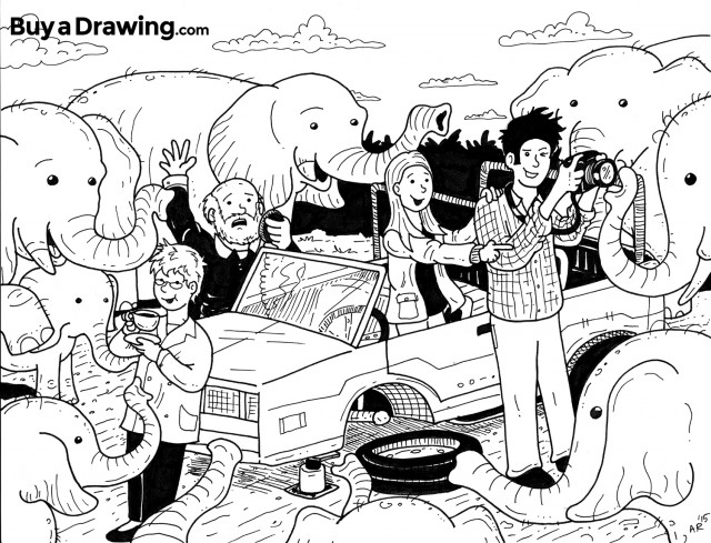 Surrounded by Elephants While Drinking Tea Cartoon Drawing