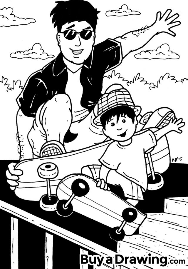 Custom Caricature Drawing of Dad and Son Skateboarding