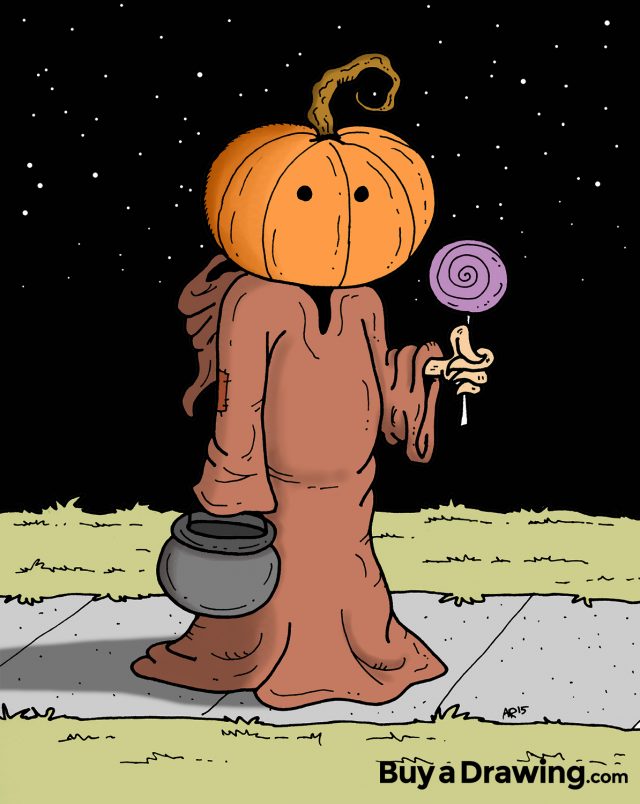 Hooded Halloween Pumpkin Trick or Treater Cartoon