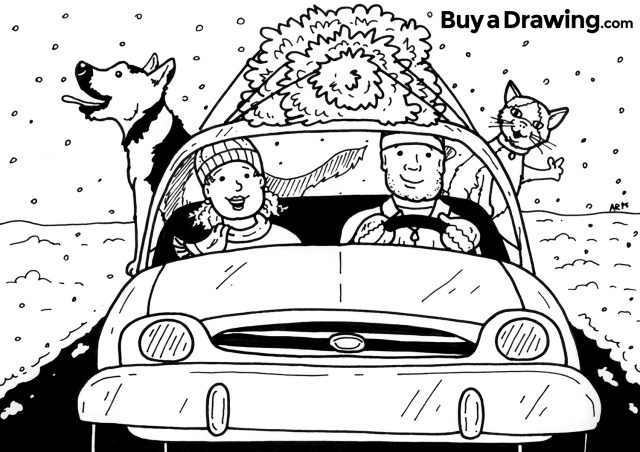 A Christmas Tree Couple with Their Pets Cartoon Drawing
