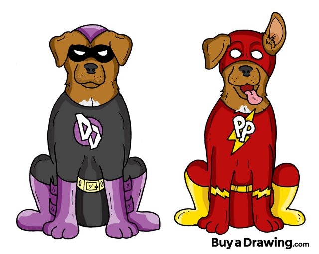 Custom Cartoon Drawing and Stickers of Dog Superheroes