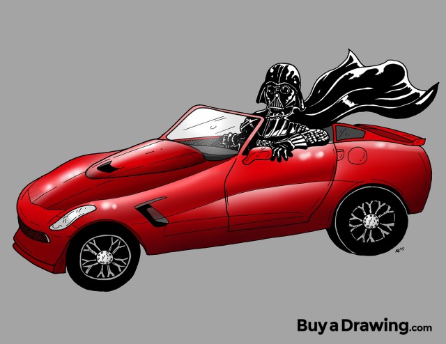 Darth Vader Driving a Red Chevy Corvette Stingray Drawing