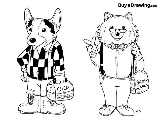 Corgi and Pomeranian Dog Caricature Cartoon Drawings