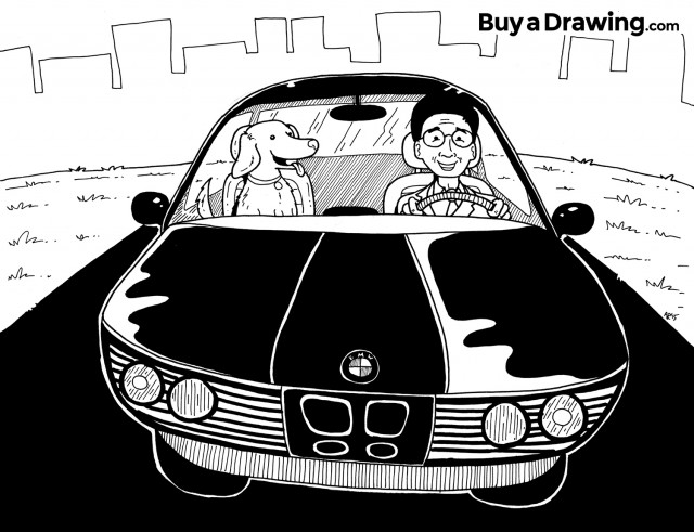 A Dentist and his Dog in a BMW Caricature Drawing