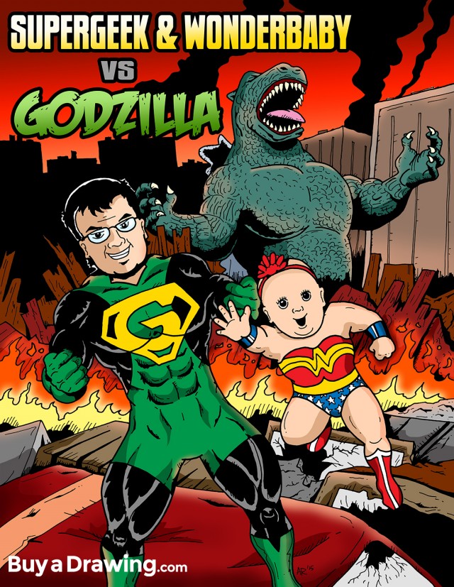 Supergeek and Wonderbaby vs. Godzilla Cartoon Illustration
