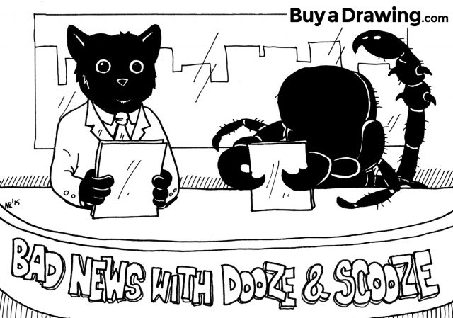 Cartoon Cat and Scorpion Costume Drawing: Bad News with Dooze and Scooze