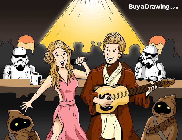 Cartoon Couple Singing in a STAR WARS Cantina