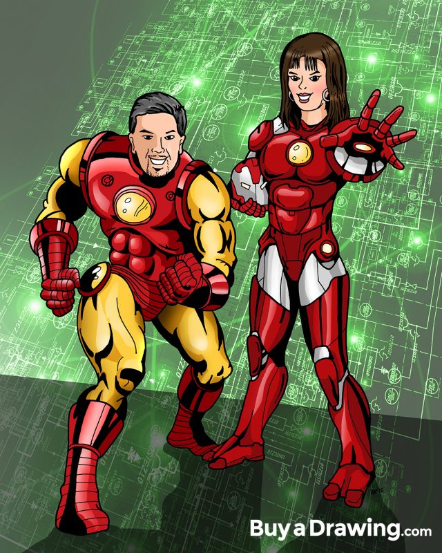In-Law Superhero Cartoon Caricature – Mr. and Mrs. Iron Man