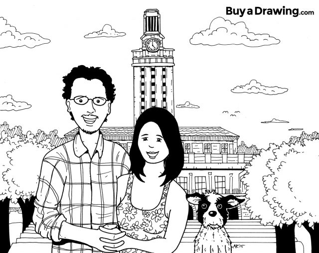 Drawing of Cartoon Couple at the University of Texas Clock Tower