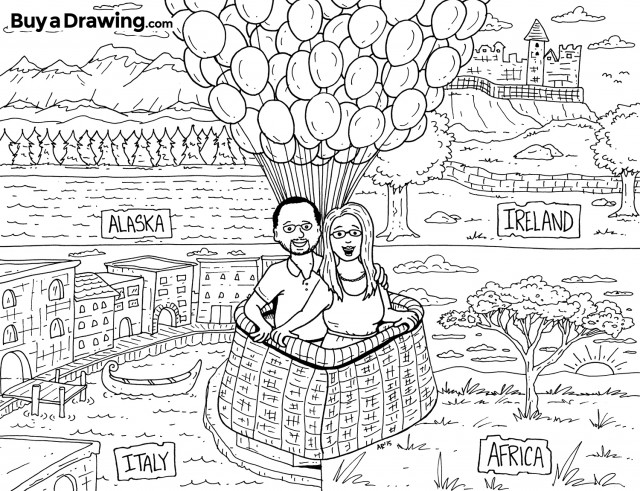 Custom Cartoon Wedding Coloring Page – Balloon Traveling Couple
