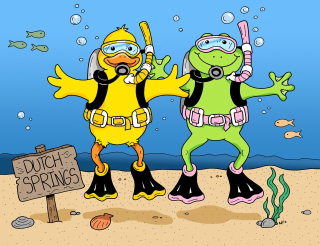 Cartoon Duck and Cartoon Frog Scuba Diving at Dutch Springs