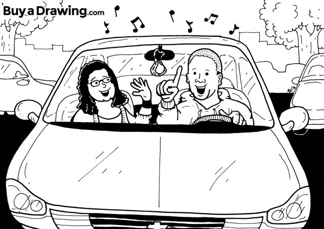 A Cartoon Drawing with a Best Friend: Singing in the Car