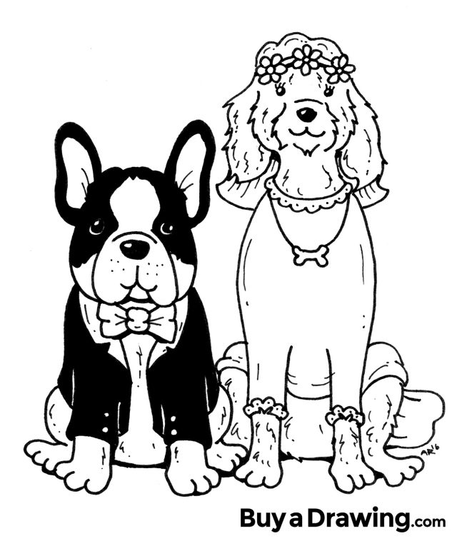 Cartoon Drawing of Bride and Groom Dogs for Wedding Gifts