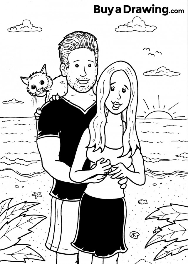 Cartoon Drawing of a Couple on the Beach with Their Cat