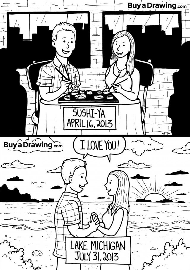 Cartoon Drawing Commemorating a First Date and an I Love You