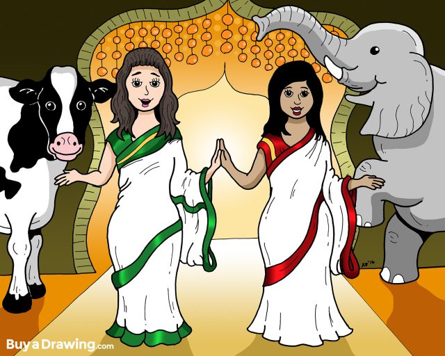 Cartoon Caricature of Two Friends as Indian Goddesses