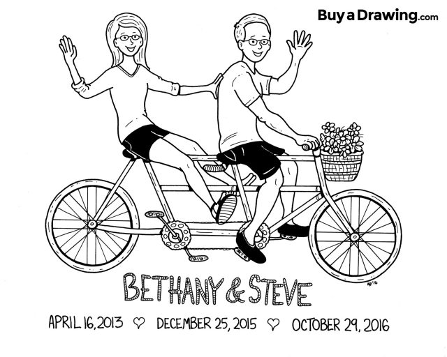 Couple on a Tandem Bicycle Cartoon Caricature Drawing