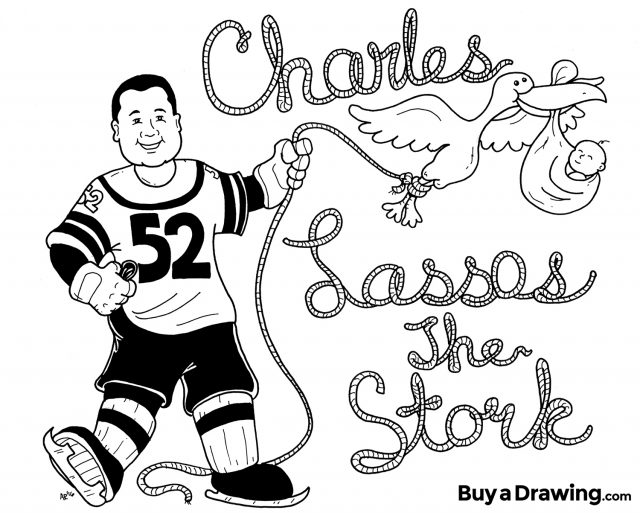 Charles Lassos the Stork Cartoon Baby Announcement Drawing