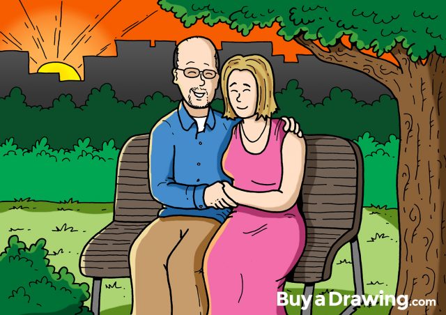 Custom Cartoon Anniversary Drawing – Couple Sitting on Park Bench