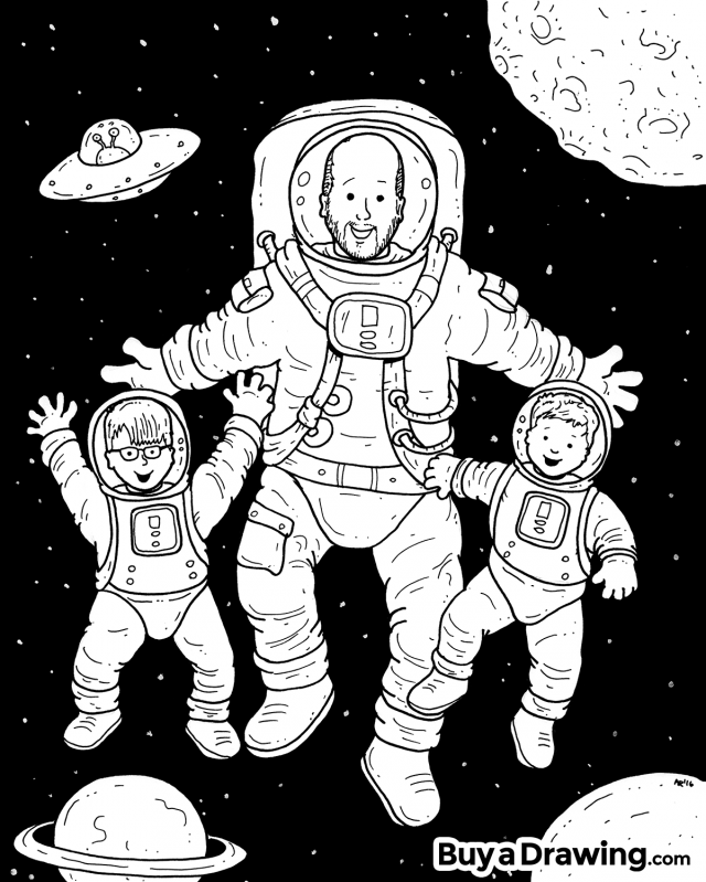 Father’s Day Custom Drawing – Dad and Kids Space Astronauts
