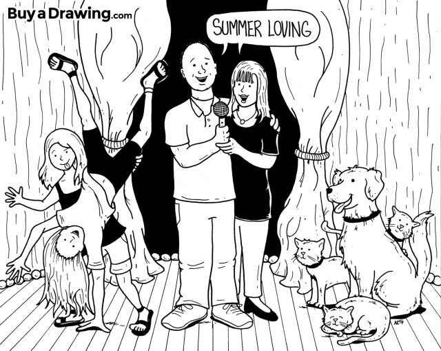 Drawing of Cartoon Family with Kids & Pets Singing Together