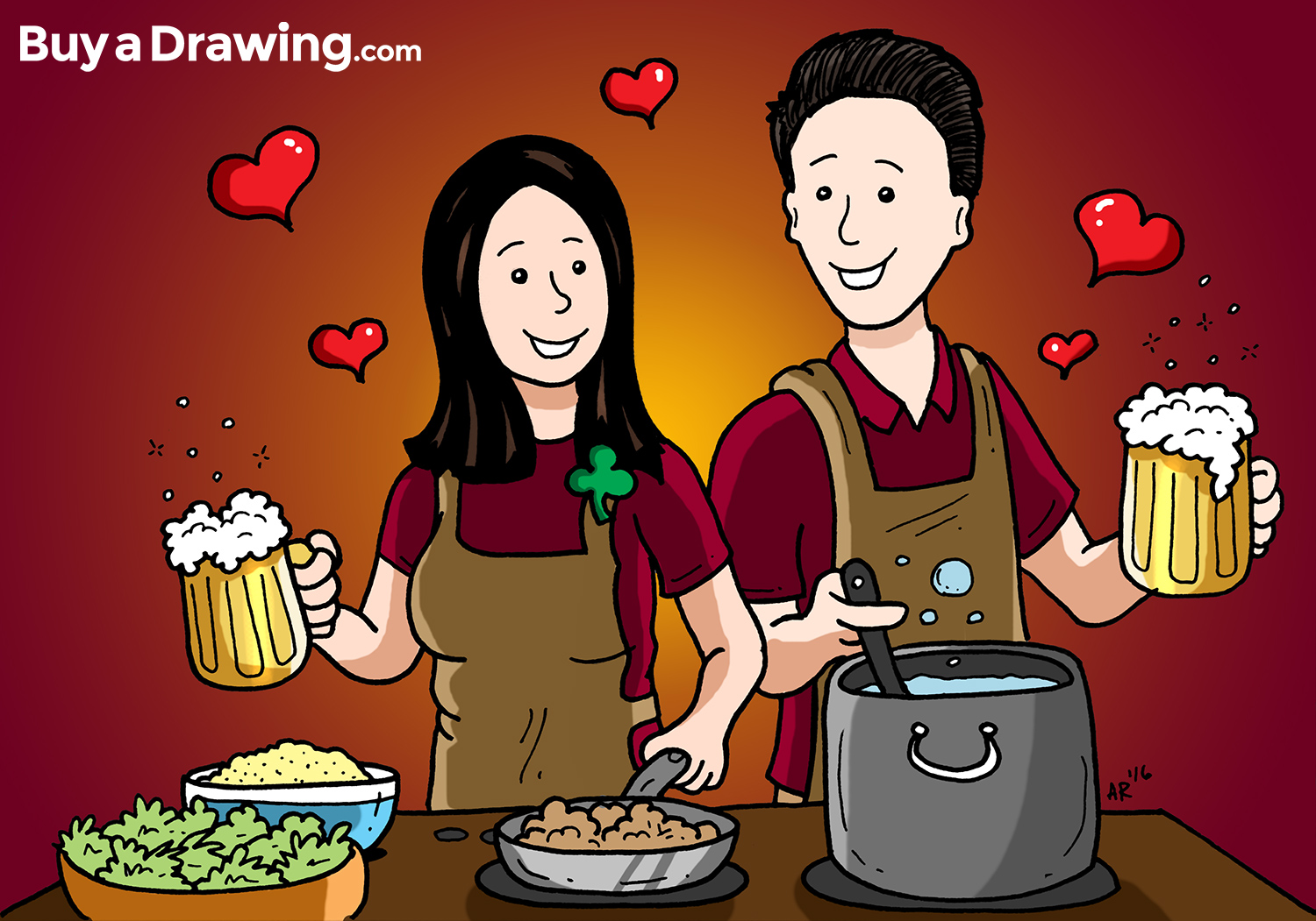 Personalized Cartoon Couple Cooking Drawing