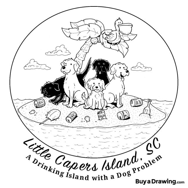 Cartoon Drawing of Drinking Dogs on Little Capers Island, SC