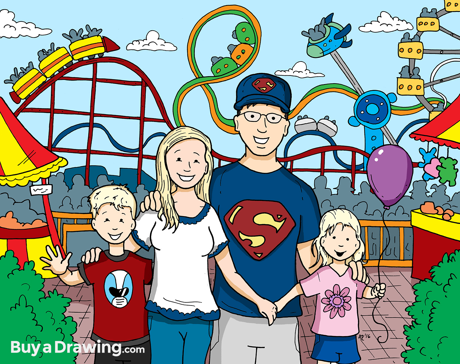 Family Cartoon Amusement Park Drawing