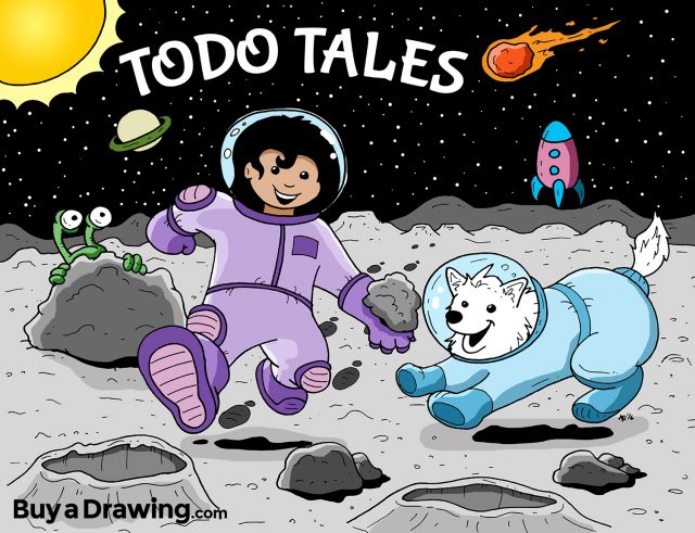 A Girl and Her Dog on the Moon Cartoon Drawing - Todo Tales