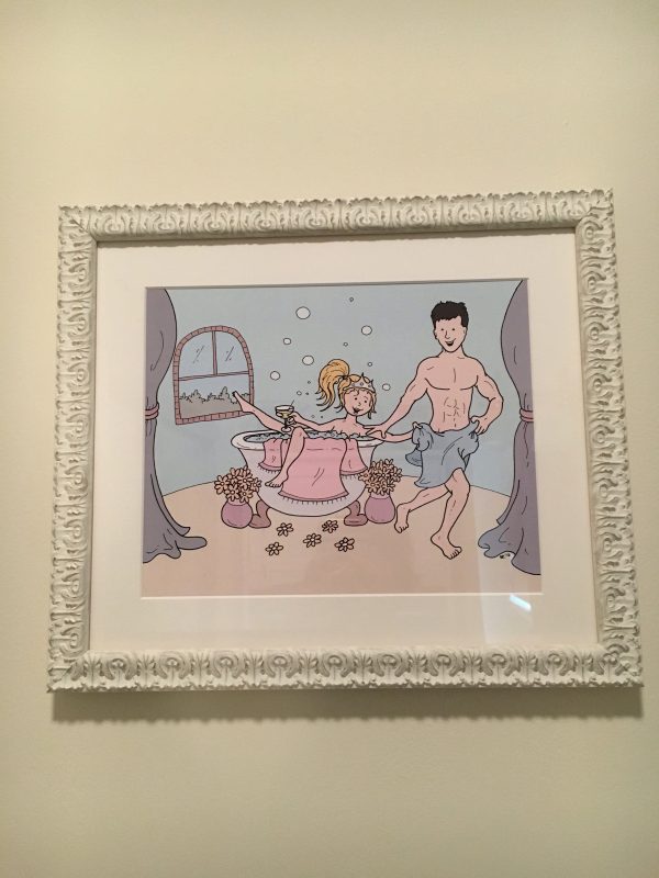 My drawing framed and hung on the wall in Irena's bathroom.