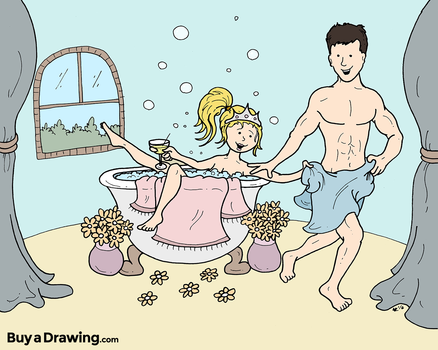 Cartoon Drawing of Playful Couple for a Bathroom Decoration
