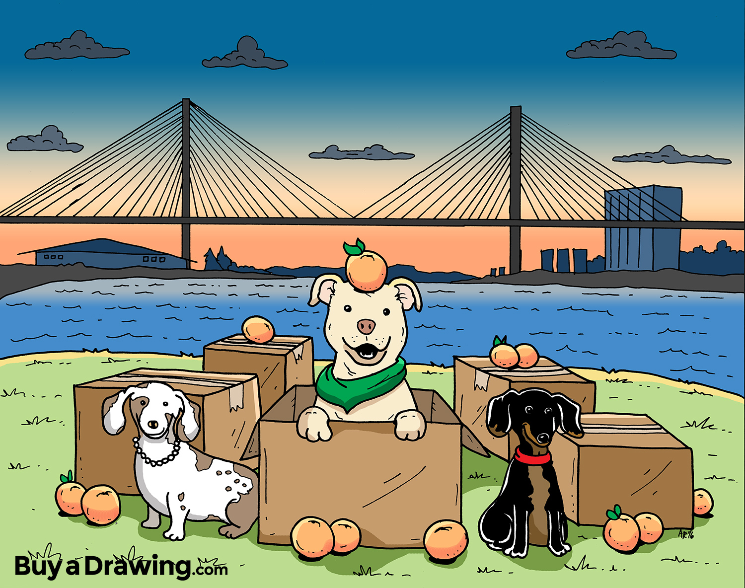Three Dogs Moving to Georgia with Peaches Cartoon Drawing