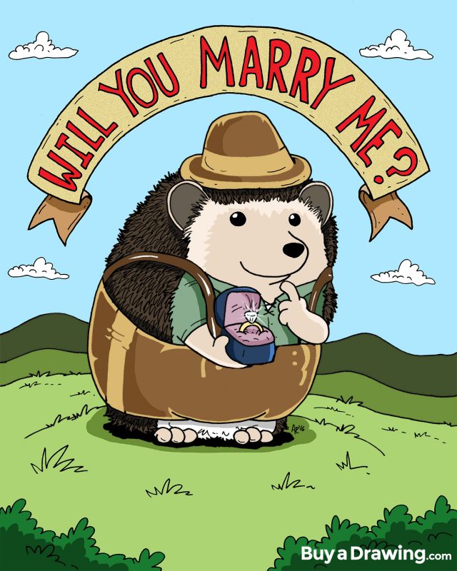 Will You Marry Me? Hedgehog Engagement Cartoon Drawing