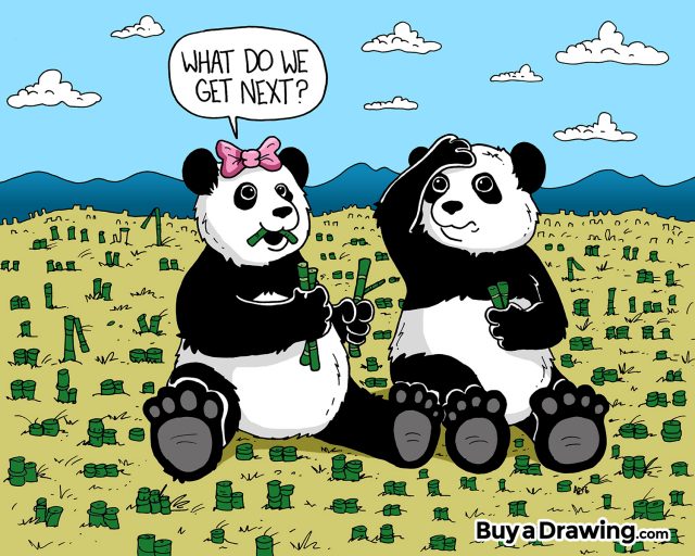 Cartoon Drawing of Pandas Eating a Field of Bamboo
