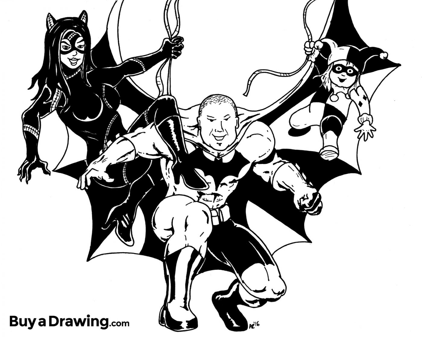 Cartoon of a Family as Batman, Catwoman and Harley Quinn