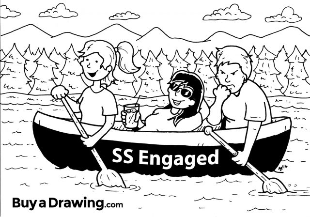 Three People in a Canoe Black and White Cartoon Drawing