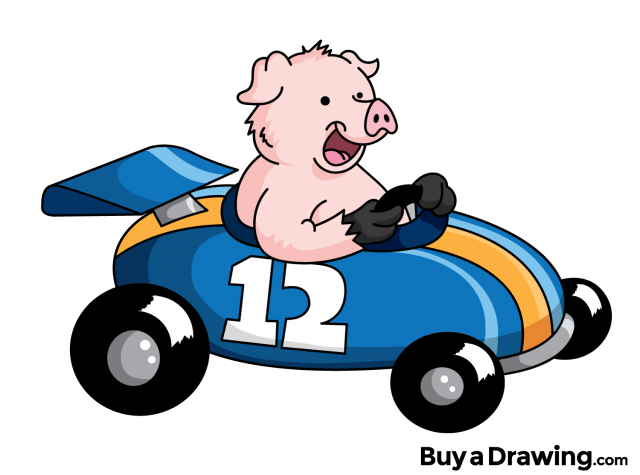 Cartoon Pig in a Race Car