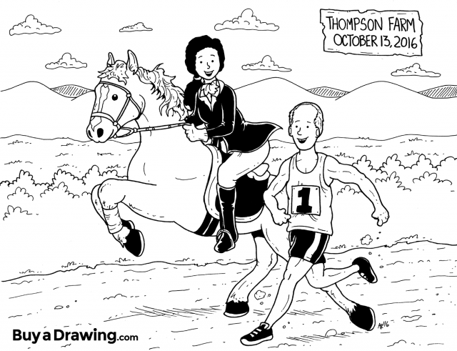 Wedding Gift Drawing - Horse Rider & Marathon Runner Cartoon