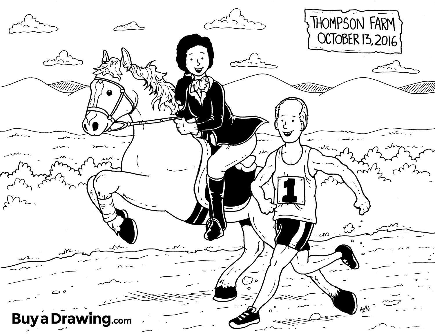 Wedding Gift Drawing - Horse Rider & Marathon Runner Cartoon