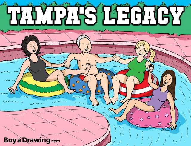 Four Friends Floating in Lazy River Cartoon Drawing