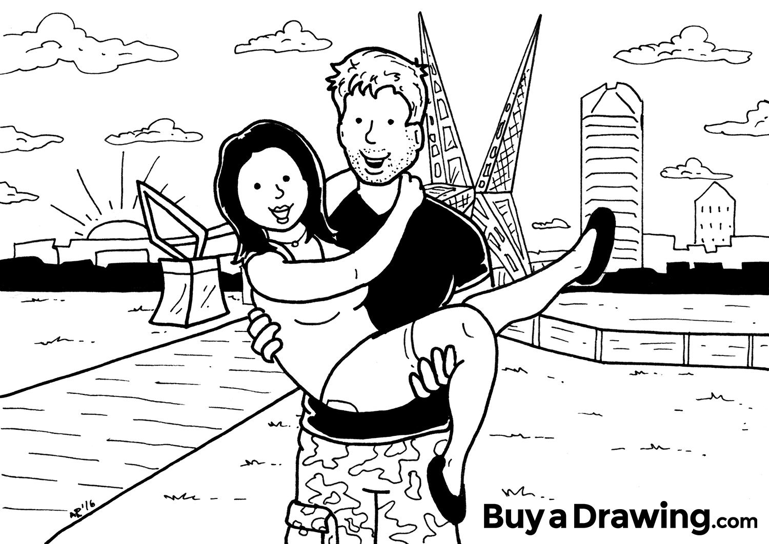 Cartoon Couple Caricature Drawing by Oklahoma City Skyline