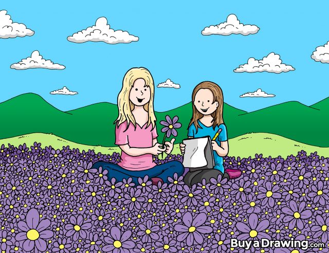 Cartoon Drawing of Daughters in a Field of Flowers