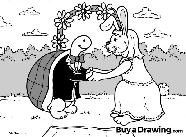 Cartoon Turtle and Rabbit at Church Altar Wedding
