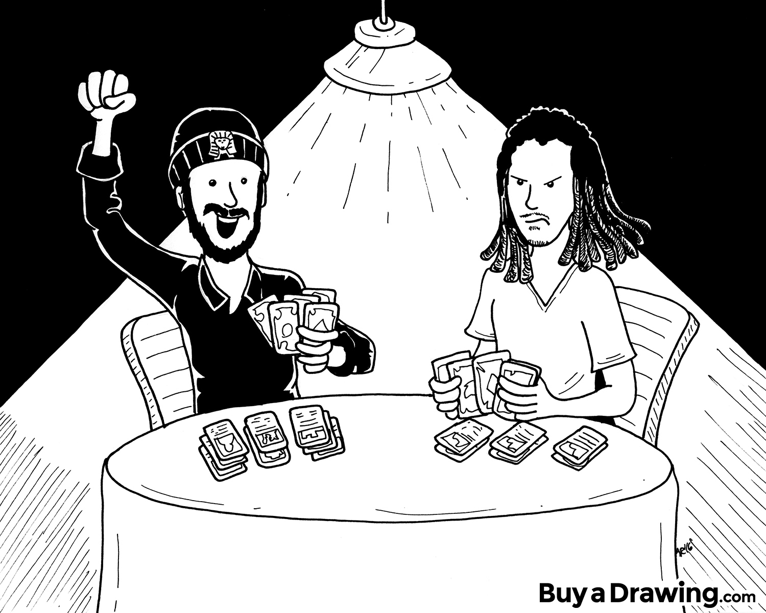 Two Friends Playing Magic the Gathering Cartoon Drawing