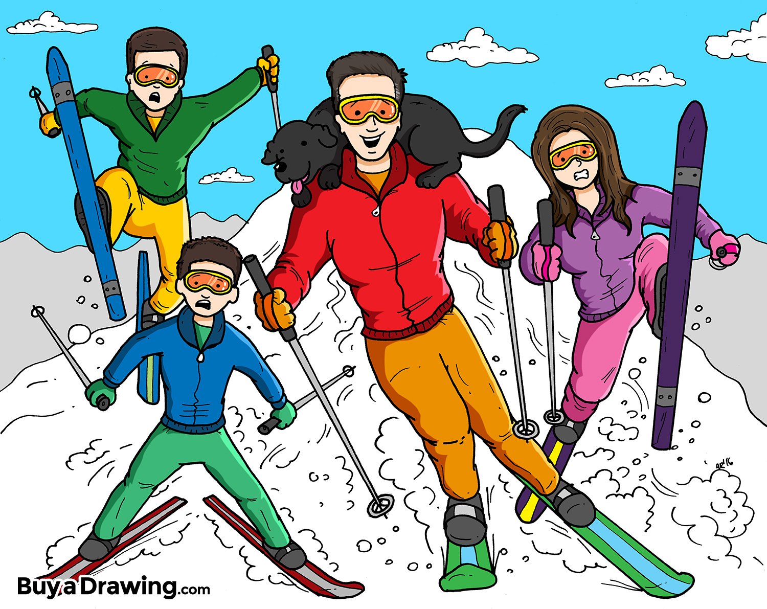 Cartoon Drawing of a Family of Four Skiing Down a Hill