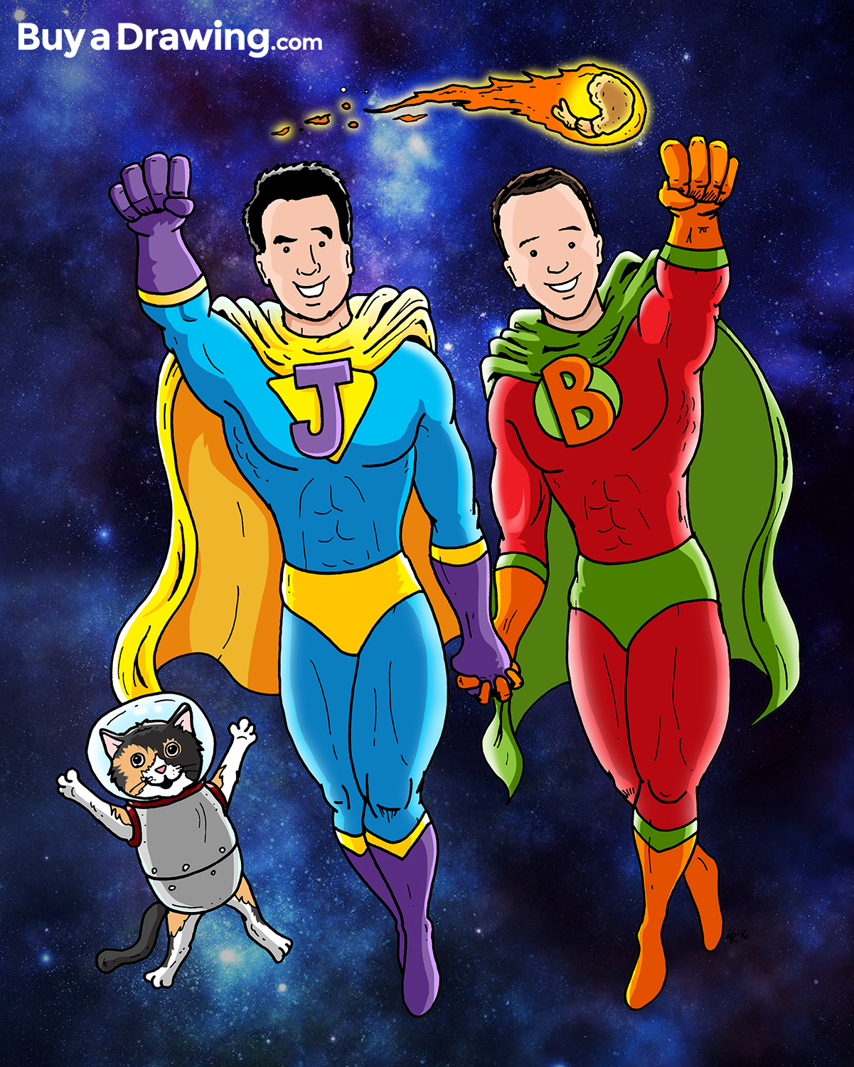 Custom Cartoon Superhero Drawing of Two Guys and a Space Cat